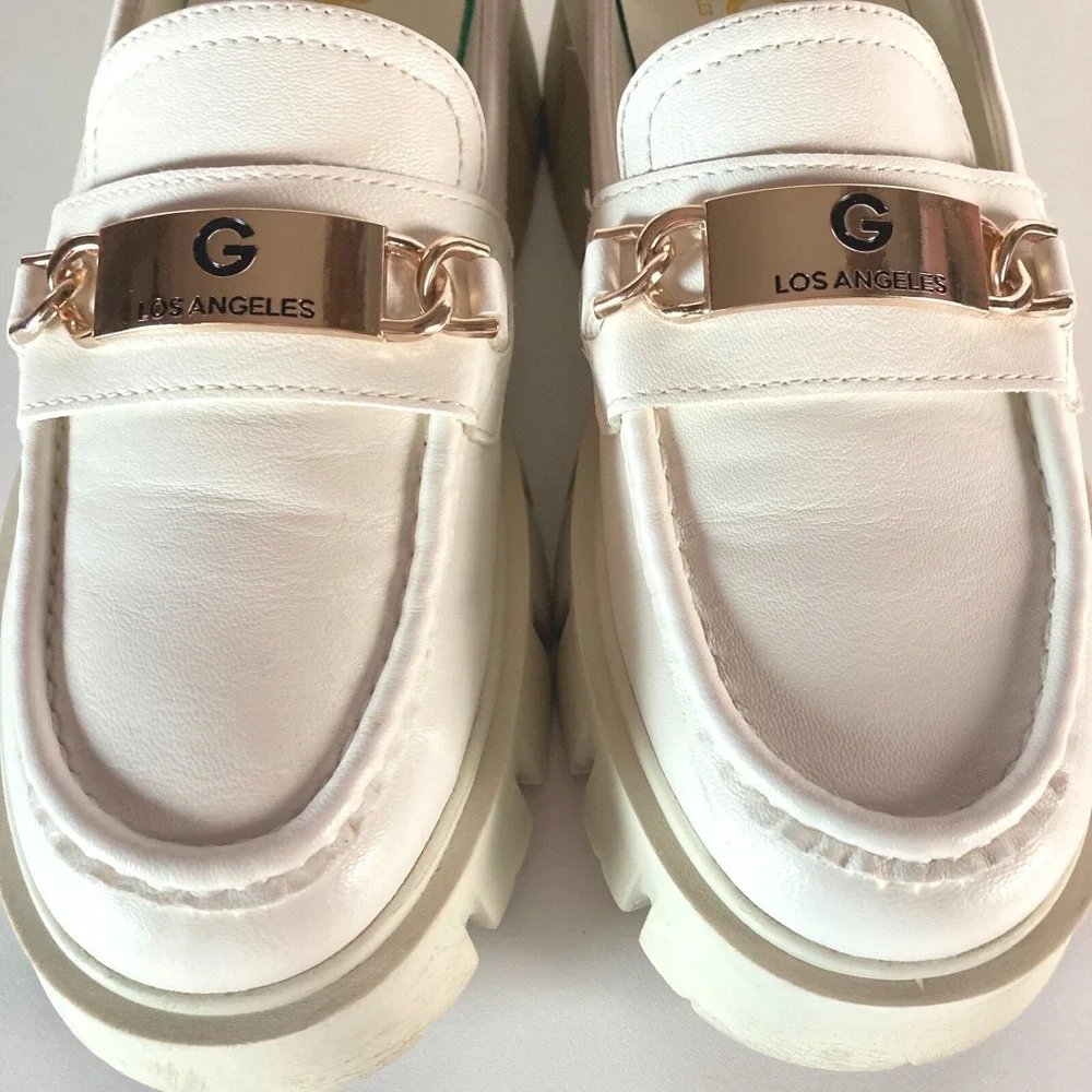 Y2k Guess Chunky Platform Loafer White Gold Buckle GBG Logo Heel Shoe Womens 8